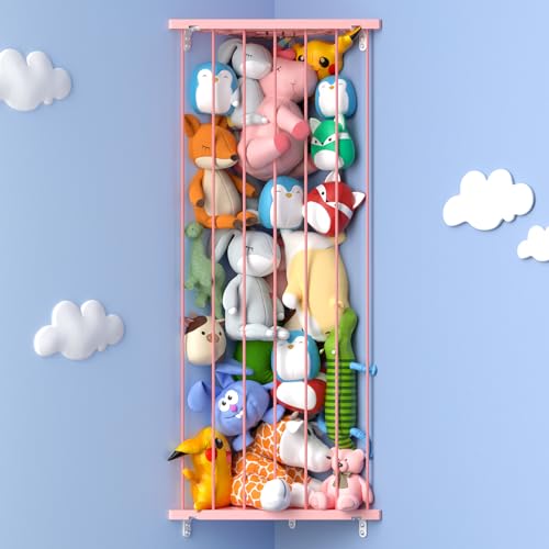 Corner Stuffed Animal Storage Toy Organizer - Kids Room Stuffed Animal Holder with Length Adjustable - Large Corner Plush Toys Wall Hanging Storage for Nursery Playroom Bedroom(Space Black)