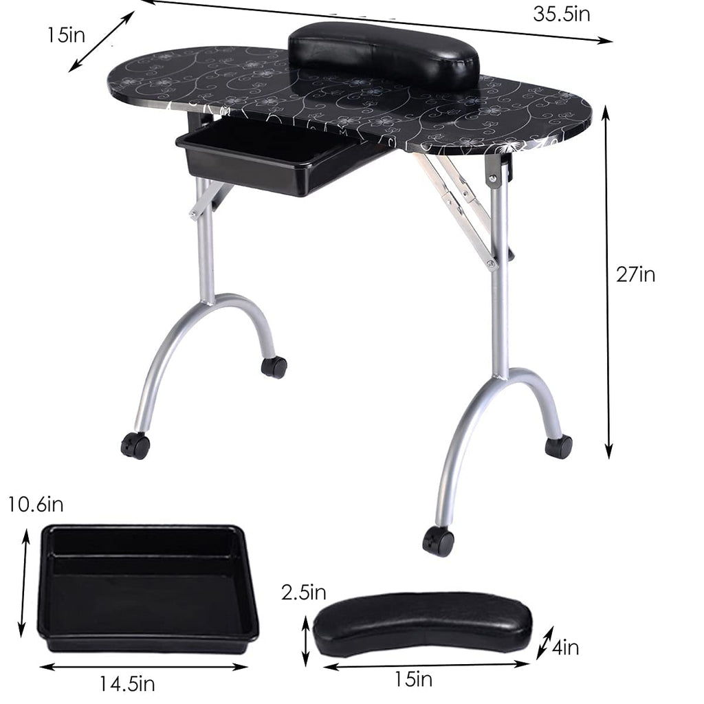 Portable Manicure Table with Drawer, Wrist Rest, Lockable Casters, Carrying Bag L659491