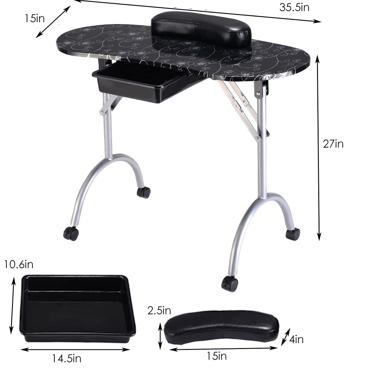 Portable Manicure Table with Drawer, Wrist Rest, Lockable Casters, Carrying Bag L659491