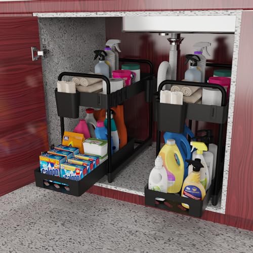 2 Pack Double-Layer Under Sink Organizer with Sliding Shelf, 4 Hooks and Cup Slot A50842