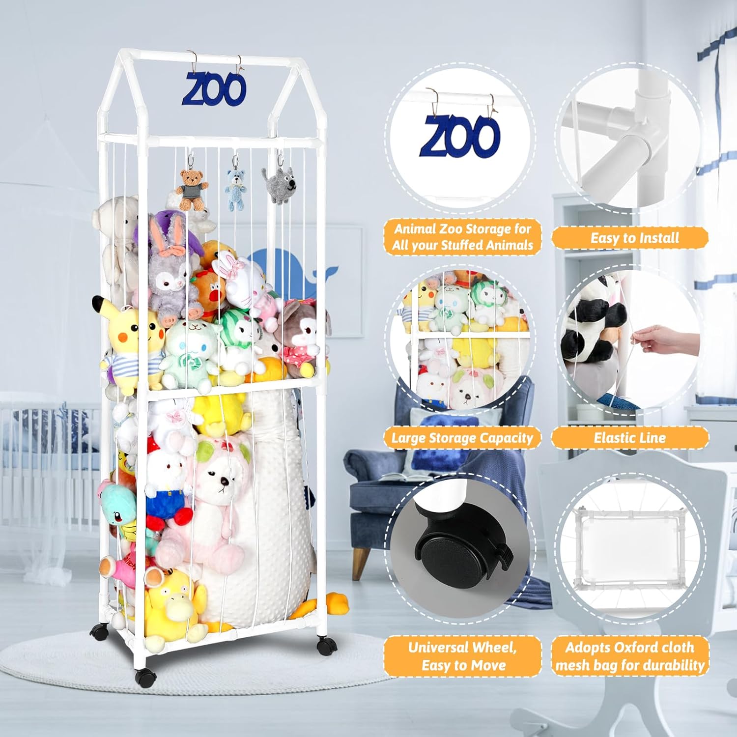 Stuffed Animal Storage Holder with Elastic Net for Bedroom W6939