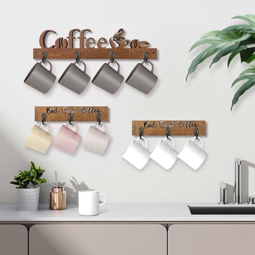 Mug Rack Wall Mounted with 10 Hooks, Wooden Coffee Cup Holder L3676