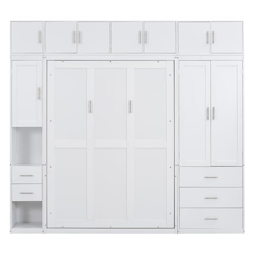 Full Size Murphy Bed Wall Bed with Lockers and Wardrobes, Wooden Folding Cabinet Bed for Bedroom, Guest Room or Home Office M917276