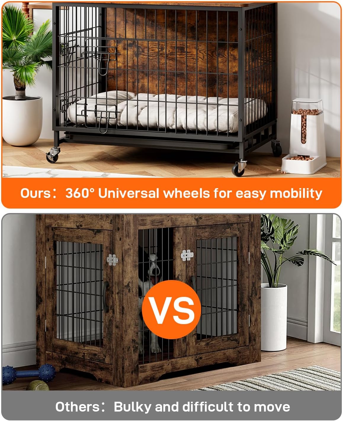Wooden Dog Crate Furniture with Removable Tray and Wheels for Large Dogs I819