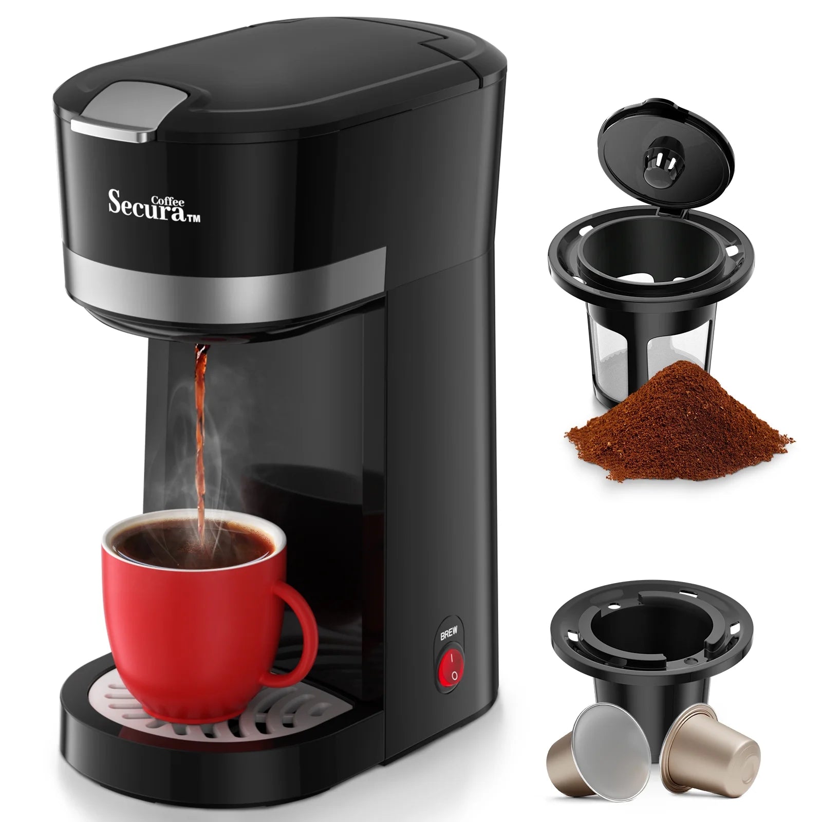 Secura Single Serve Coffee Maker for K Cup One Cup Coffee Maker with Ground Coffee Basket 12 Oz. Brew Size Pod Coffee Maker Capsule Coffee Machine for Travel Cup Stainless Steel