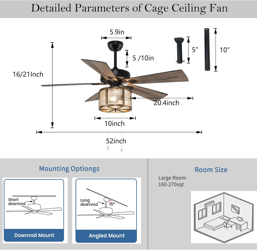 52" Farmhouse Ceiling Fan with Lights, Remote Control, 5 Reverse Blades, Quiet Motor, 3 Speed, Matte Black K2319
