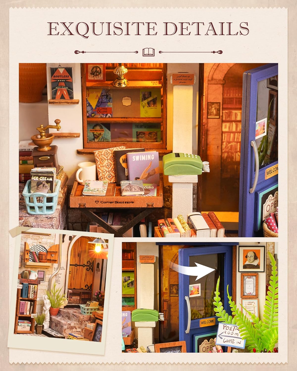 DIY Miniature House Kit with LED Lights, Bookstore Building Craft Set H773