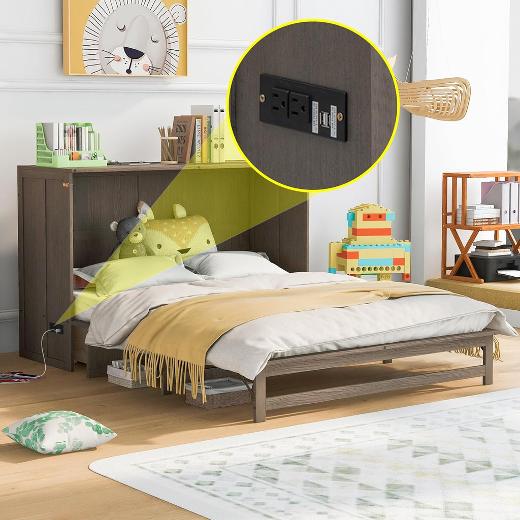 Murphy Bed Cabinet with Drawer and Charging Station, Foldable for Small Spaces G14337