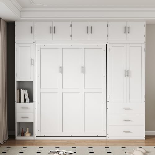 Full Size Murphy Bed Wall Bed with Lockers and Wardrobes, Wooden Folding Cabinet Bed for Bedroom, Guest Room or Home Office M917276