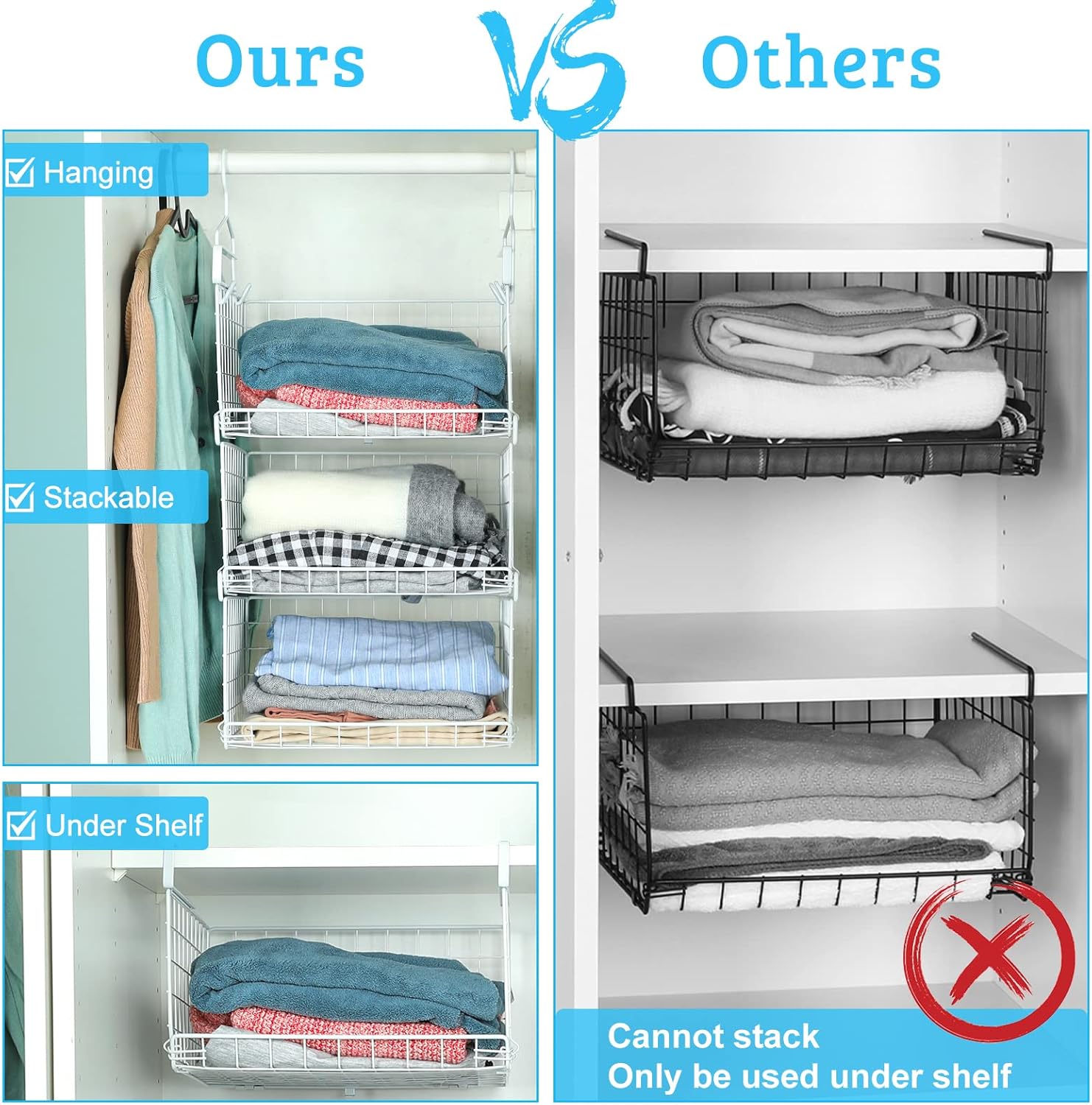 Under Closet Shelf Basket Hanging Clothes Storage Organizer with Hooks P180002