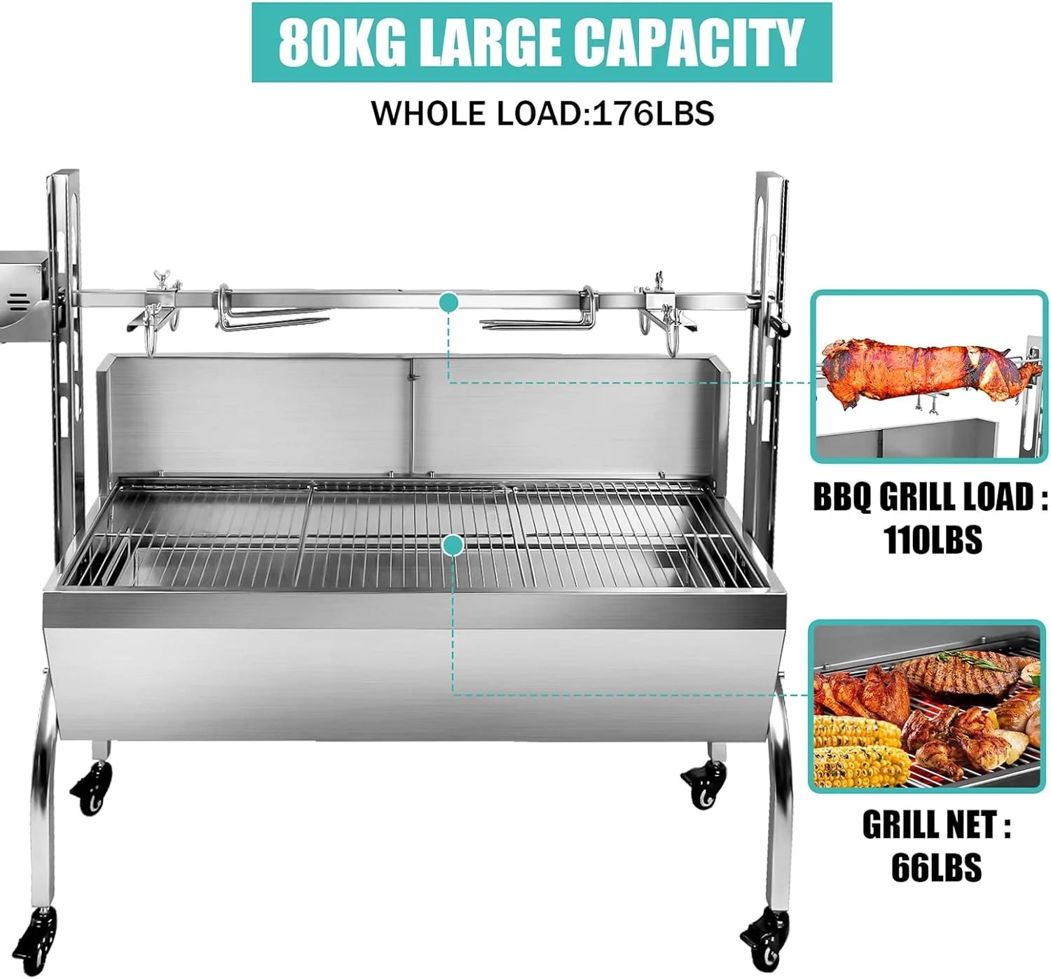 Stainless Steel Rotisserie Grill with Back Cover Guard, 25W Motor, 37" Charcoal BBQ C3467