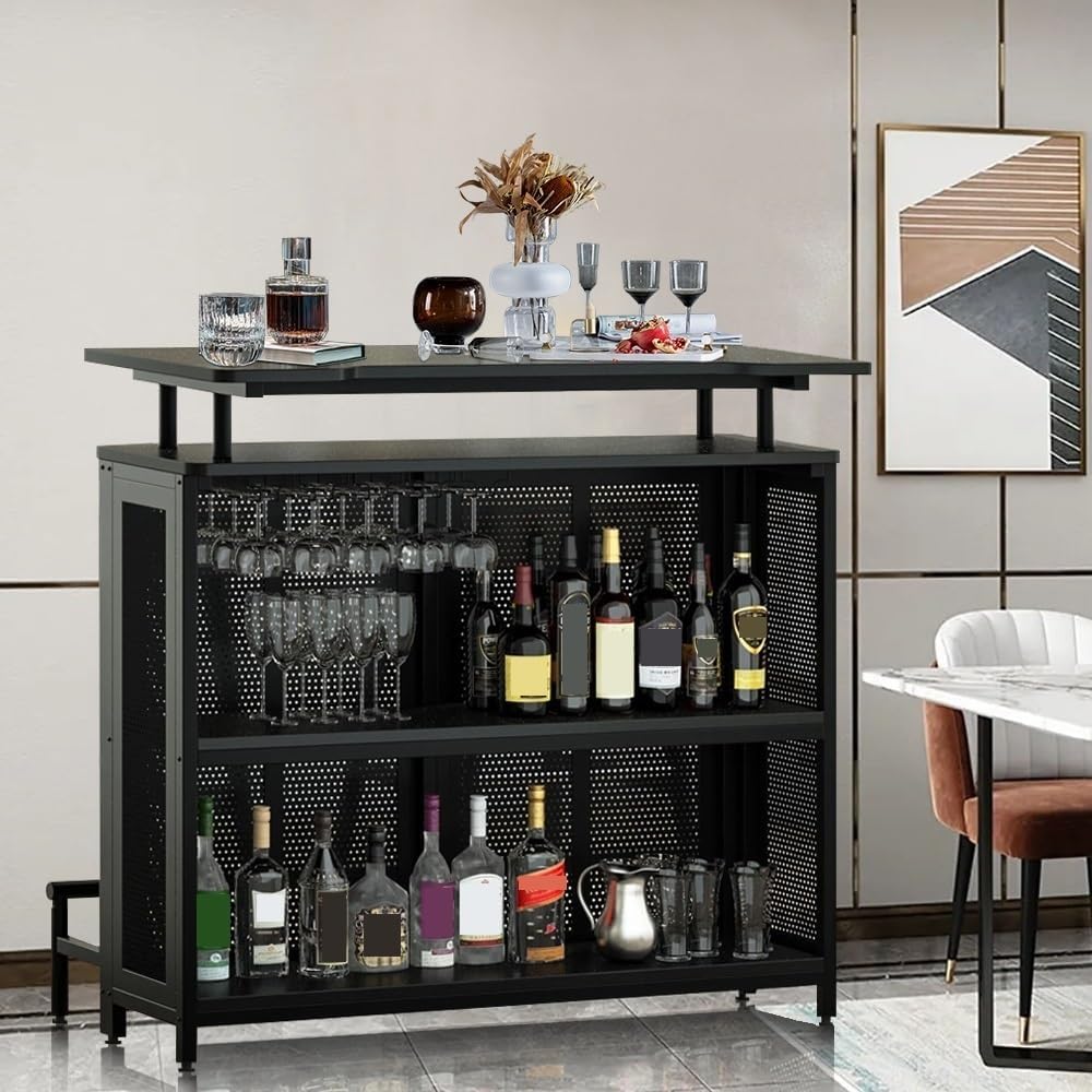 Industrial 3-Tier Liquor Bar Table with Stemware Rack T12670