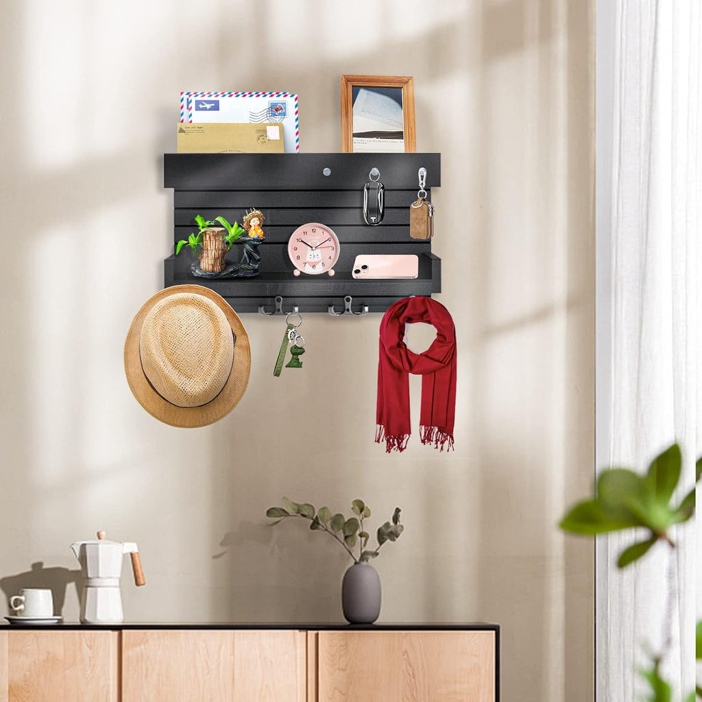 Wall Mounted Wooden Key Holder with 4 Hooks and Mail Organizer Shelf X16295