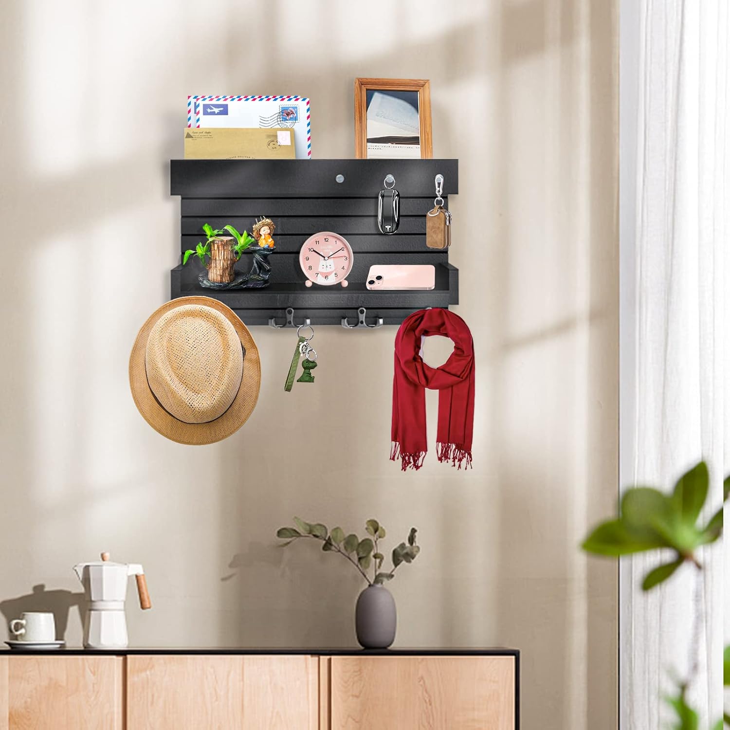 Wall Mounted Wooden Key Holder with 4 Hooks and Mail Organizer Shelf X16295