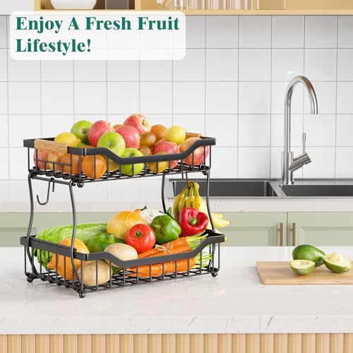 3 Tier Countertop Fruit Basket with Banana Hangers, Black C7474