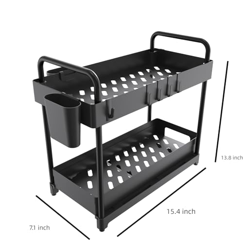 2 Pack Double-Layer Under Sink Organizer with Sliding Shelf, 4 Hooks and Cup Slot A50842