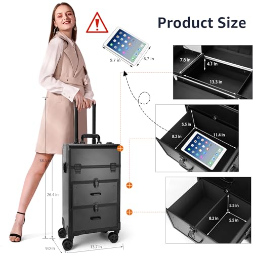 Rolling Makeup Train Case with Wheels, Sliding Drawer & Keys N3025