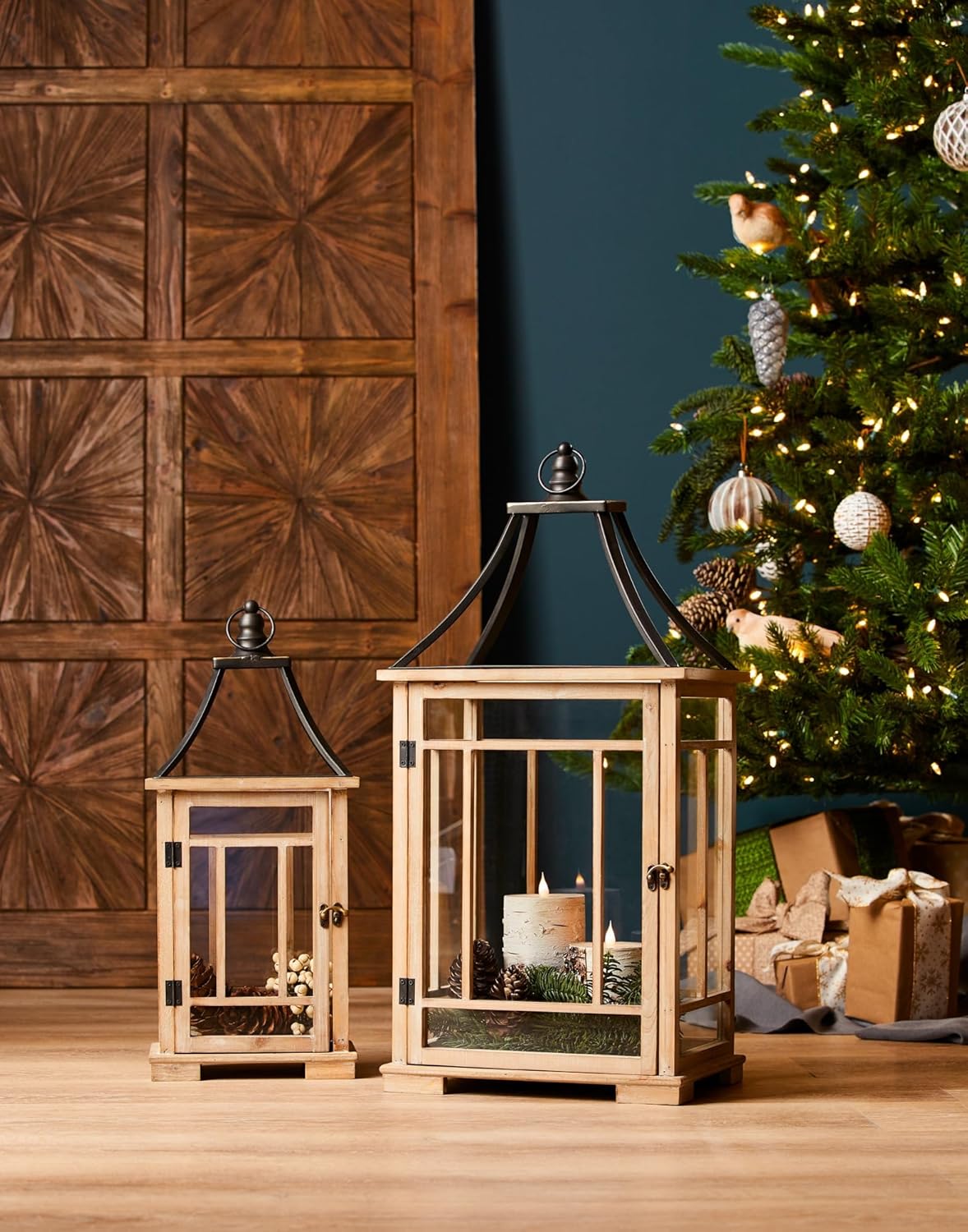 Rustic Wooden Candle Lantern, Set of 2, 23 and 31 Inches X2185