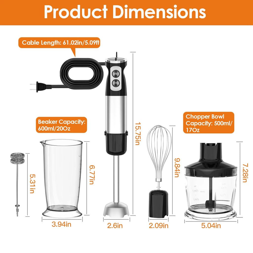 Immersion Hand Blender, 1000W Stainless Steel with 12 Speeds and Chopper P6192