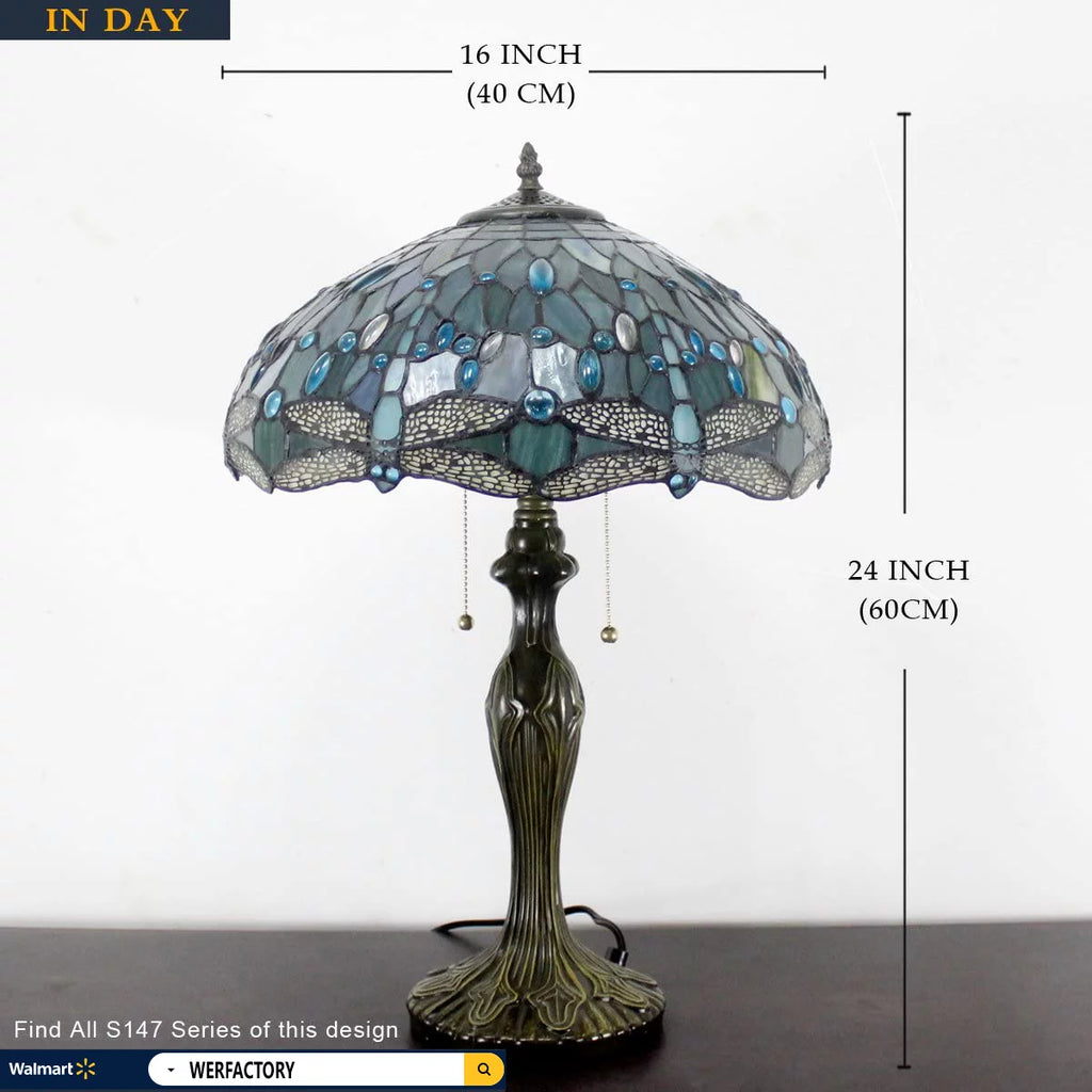 Stained Glass Table Lamp with Metal Base, 24" Tall, Sea Blue Dragonfly Style U808