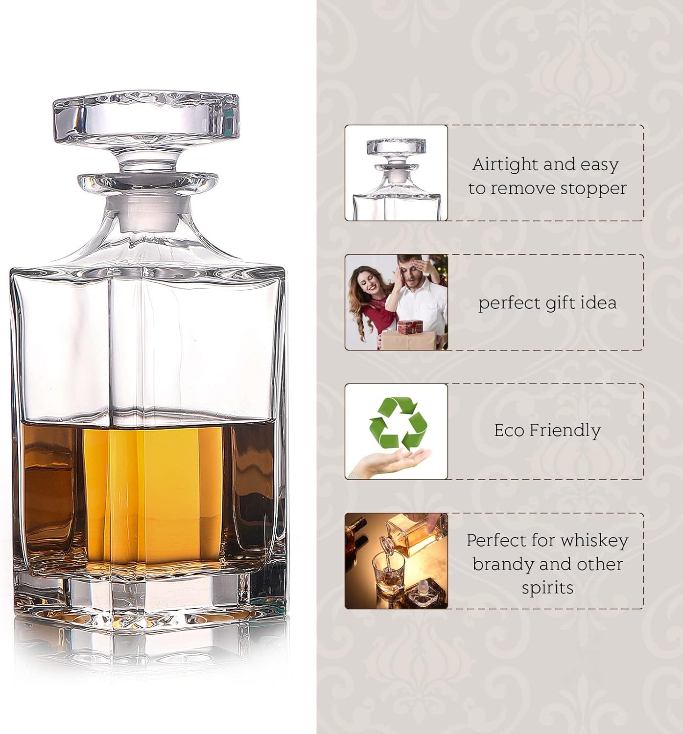 Glass Decanter with Airtight Geometric Stopper for Whiskey, Wine, Bourbon, Liquor E212419