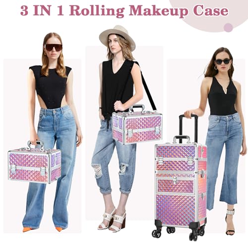 Rolling Makeup Train Case with Swivel Wheels, Large Storage Travel Cart O998