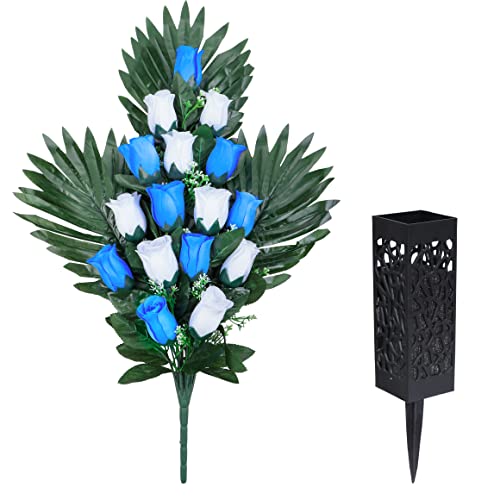 2 Sets Artificial Cemetery Flowers with 2 Long Nail Vases, Outdoor Grave Decorations Q357288