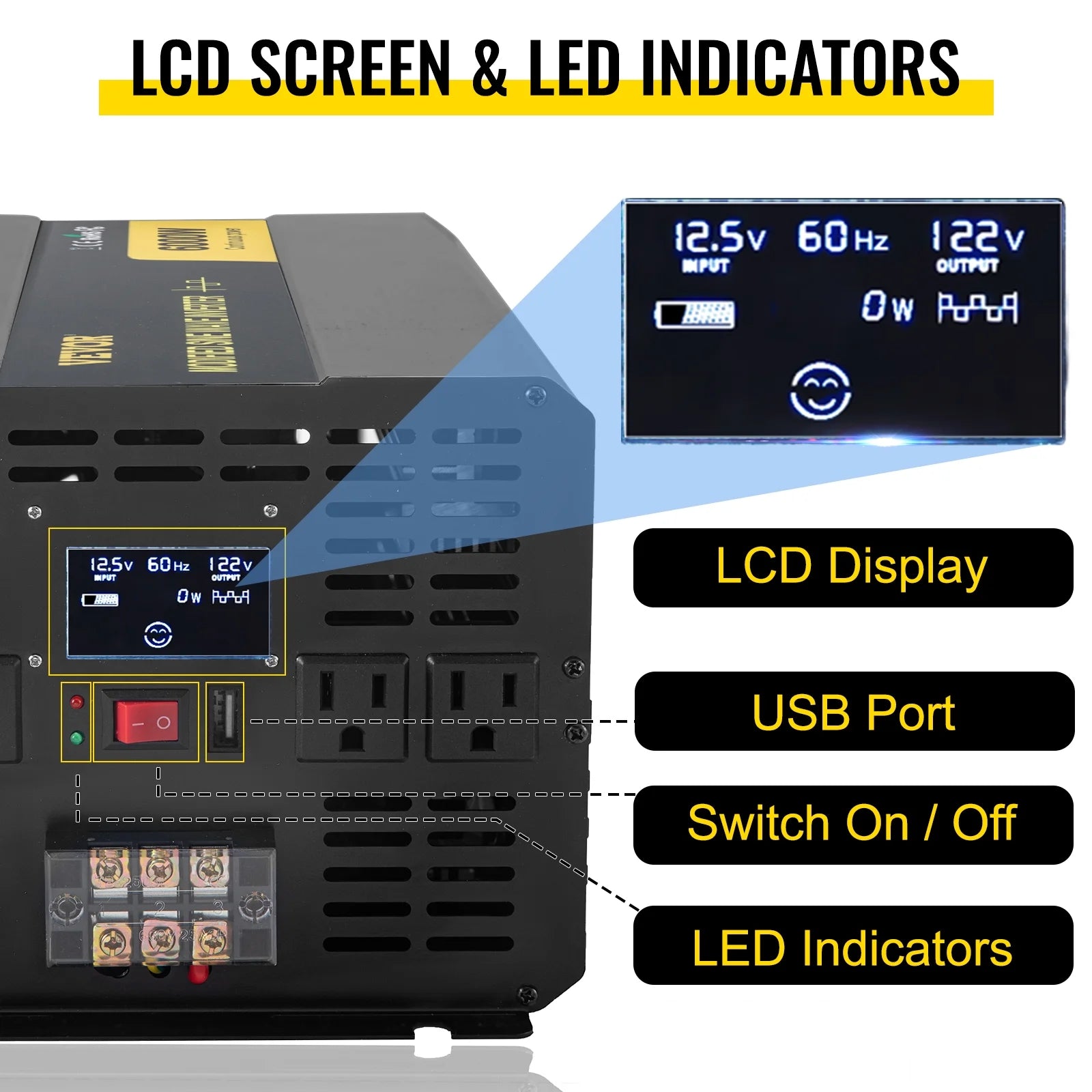 6000W Modified Sine Wave Inverter DC 12V to AC 120V with LCD Display G619158