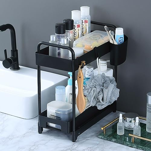 2 Pack Double-Layer Under Sink Organizer with Sliding Shelf, 4 Hooks and Cup Slot A50842