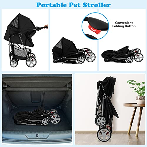 4 Wheels Pet Stroller, Folding Cat Dog Stroller with Storage Basket, Adjustable Canopy, All-Terrain EVA Wheels K1921