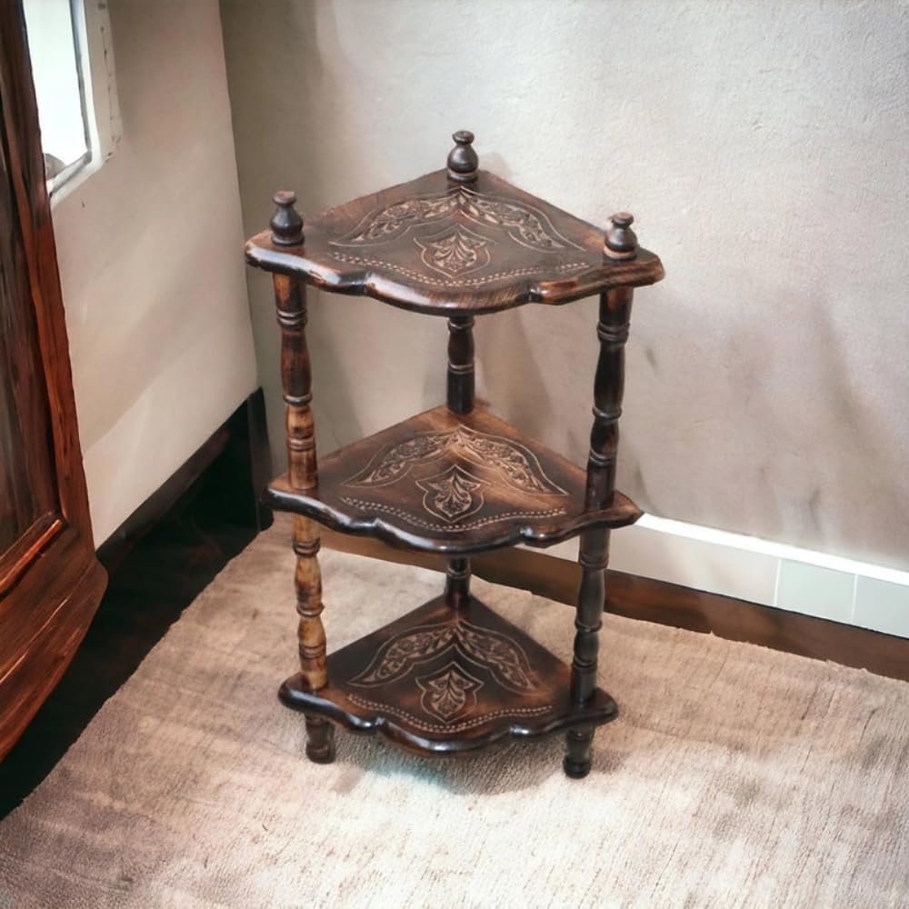 3-Tier Shelf Small Corner Rack, Wooden Handcrafted Corner Shelf, Corner Rack, Plant Stand, Vintage Furniture, Home Decor, 18" W x 31" H x 12" D, Corner Shelf for Living Room Bedroom Office