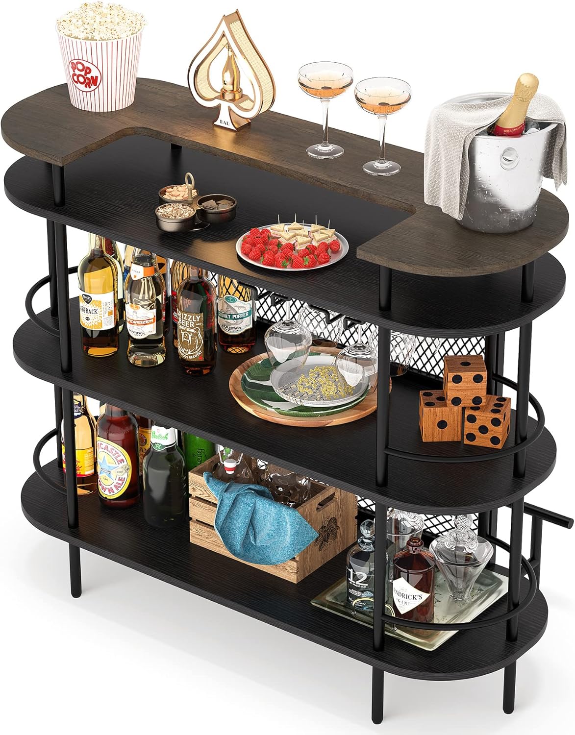 Bar Cabinet with Storage Shelves, Wine Glasses Holder, Black and Walnut P4787