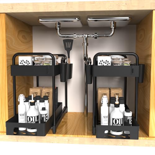 2 Pack Double-Layer Under Sink Organizer with Sliding Shelf, 4 Hooks and Cup Slot A50842