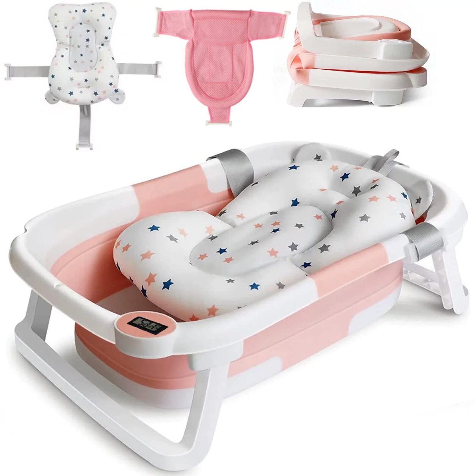 SHANNA Collapsible Newborn Bath Tubs Baby Bathtub Portable Travel Foldable Baby Bathtub with Pillow Cushion Support Bath Net Temperature Sensor(Pink)