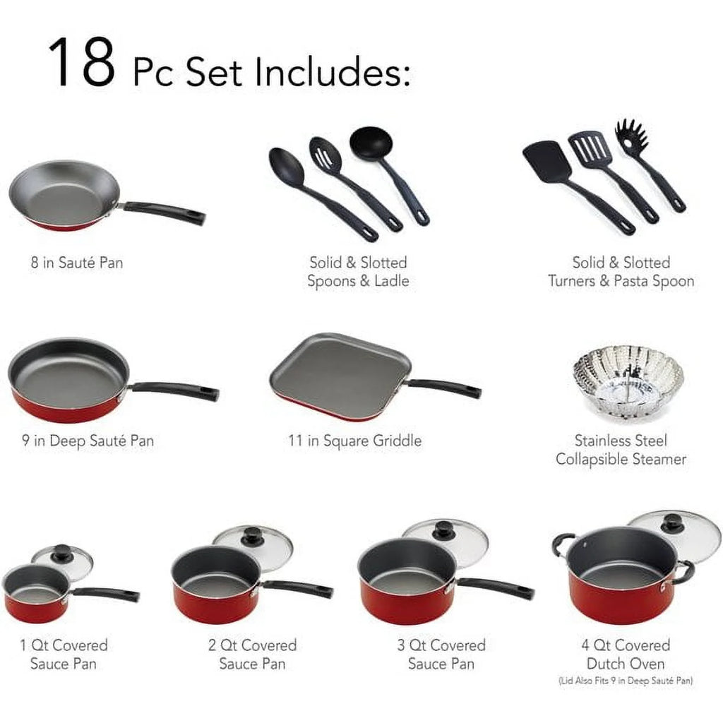 Non-stick Cookware Set 18 Pieces, Red U4324