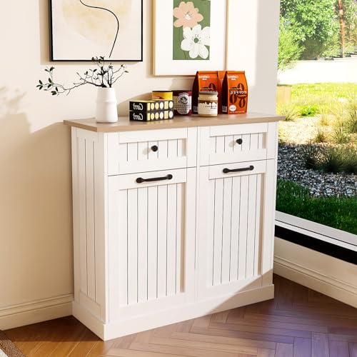 Double Tilt Out Trash Cabinet for Kitchen, Space-Saving with Pull-Out Drawers, Fits 2x10 Gallon Bins, White D4570