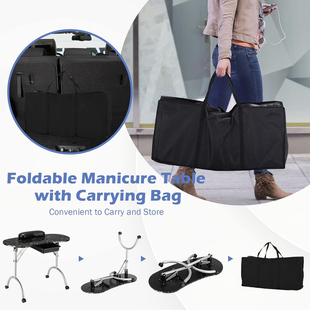 Portable Manicure Table with Drawer, Wrist Rest, Lockable Casters, Carrying Bag L659491