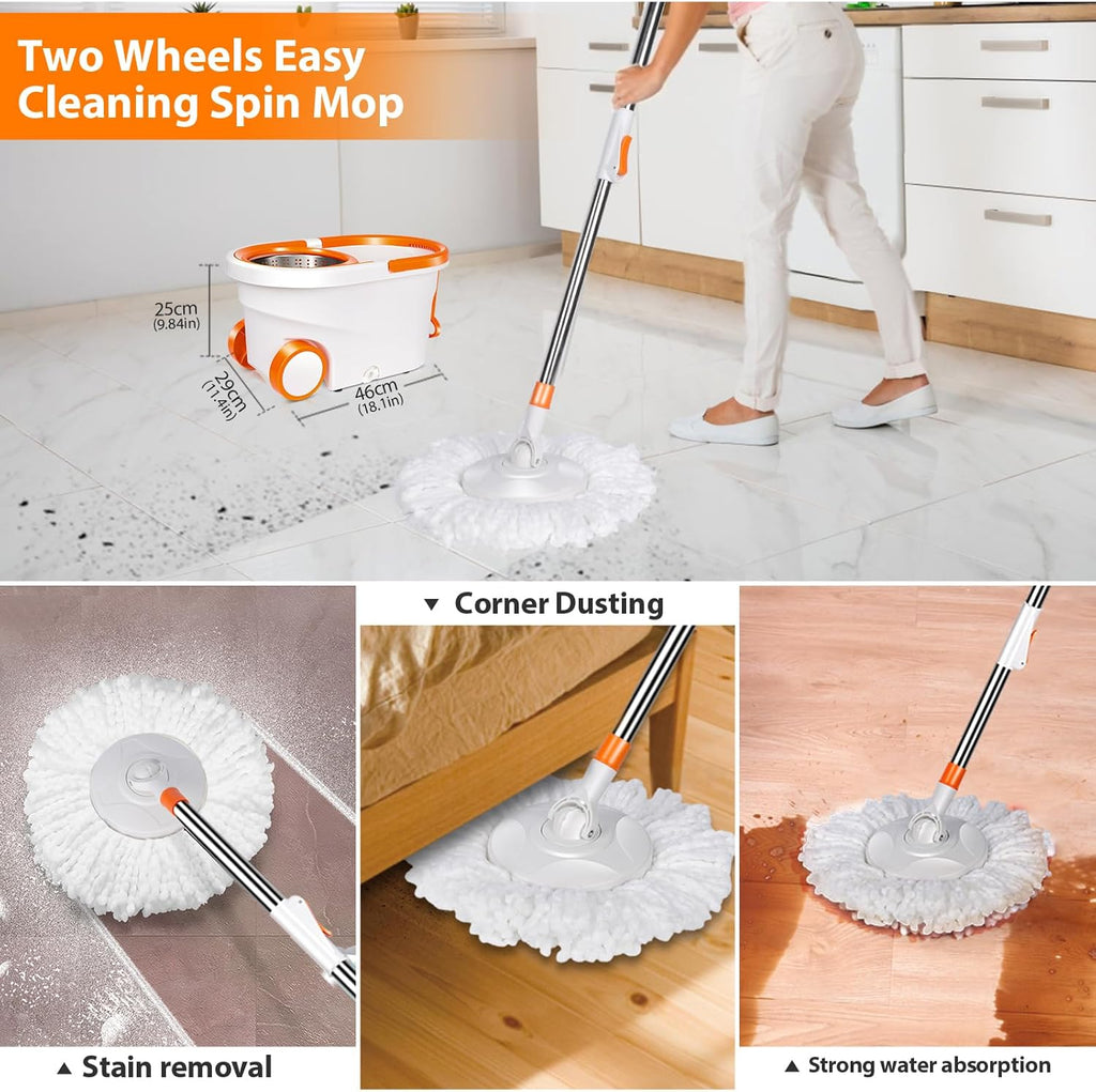 Spin Mop & Bucket with Wringer, Floor Cleaning, Stainless Steel, 7 Microfiber Refills, 57" Handle P81576