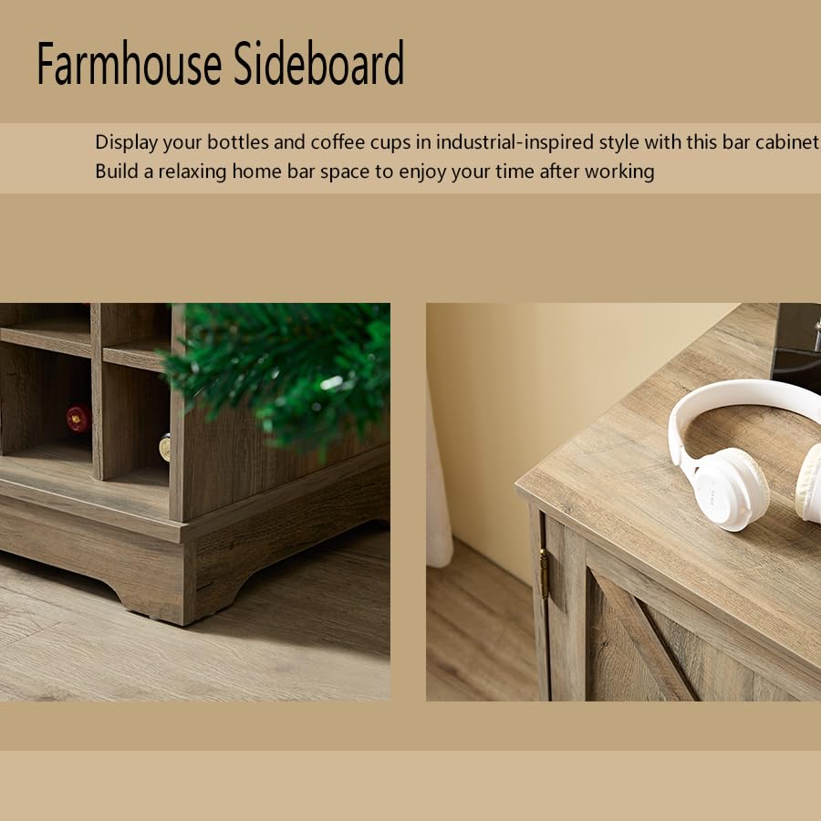 Farmhouse Coffee Bar Cabinet with Drawer and Sliding Barn Door, Gray Wash B34829