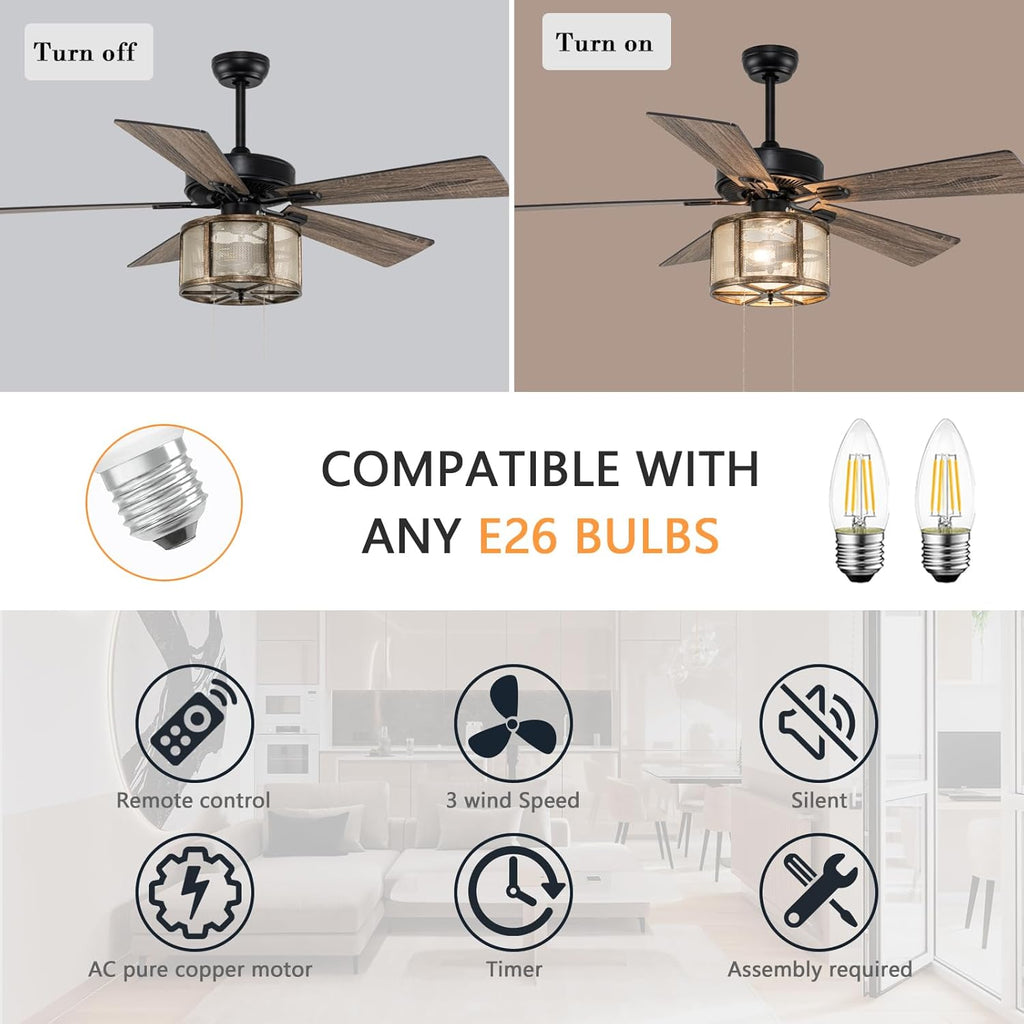 52" Farmhouse Ceiling Fan with Lights, Remote Control, 5 Reverse Blades, Quiet Motor, 3 Speed, Matte Black K2319