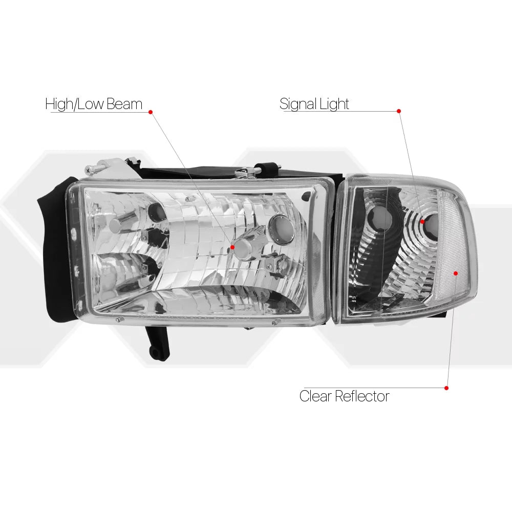 Chrome Housing Headlight Clear Corner Turn Signal Reflector for Dodge Ram 1994-2002 Z5492