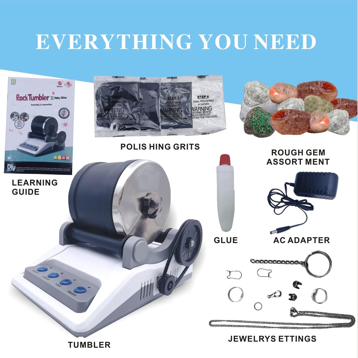 Rock Polisher Tumbler Kit with Rough Stones, Polishing Sands, and Jewelry Fasteners H86732