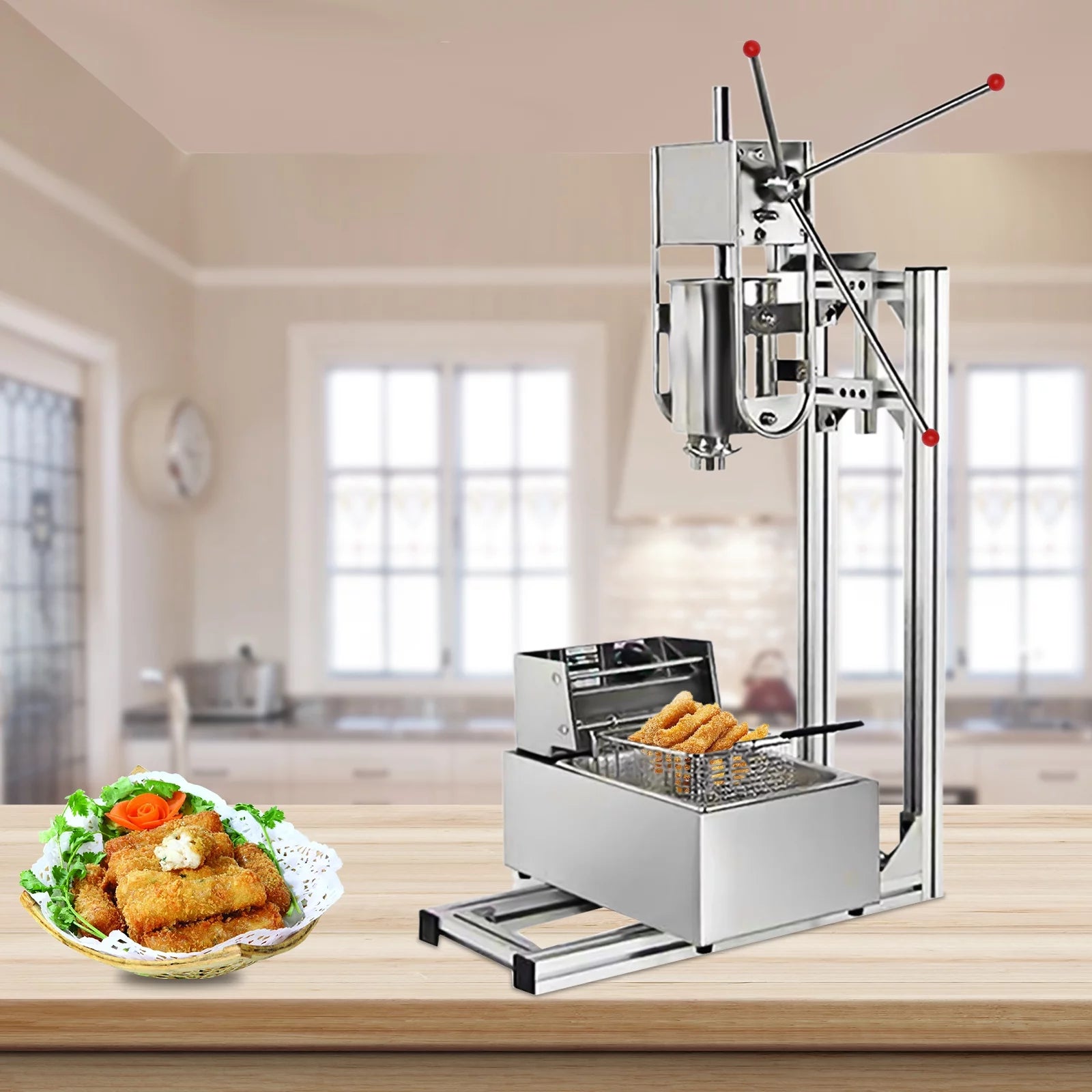 Churros Machine Manual Stainless Steel Vertical Sausage Stuffer with Fryer 2 in 1 O8265