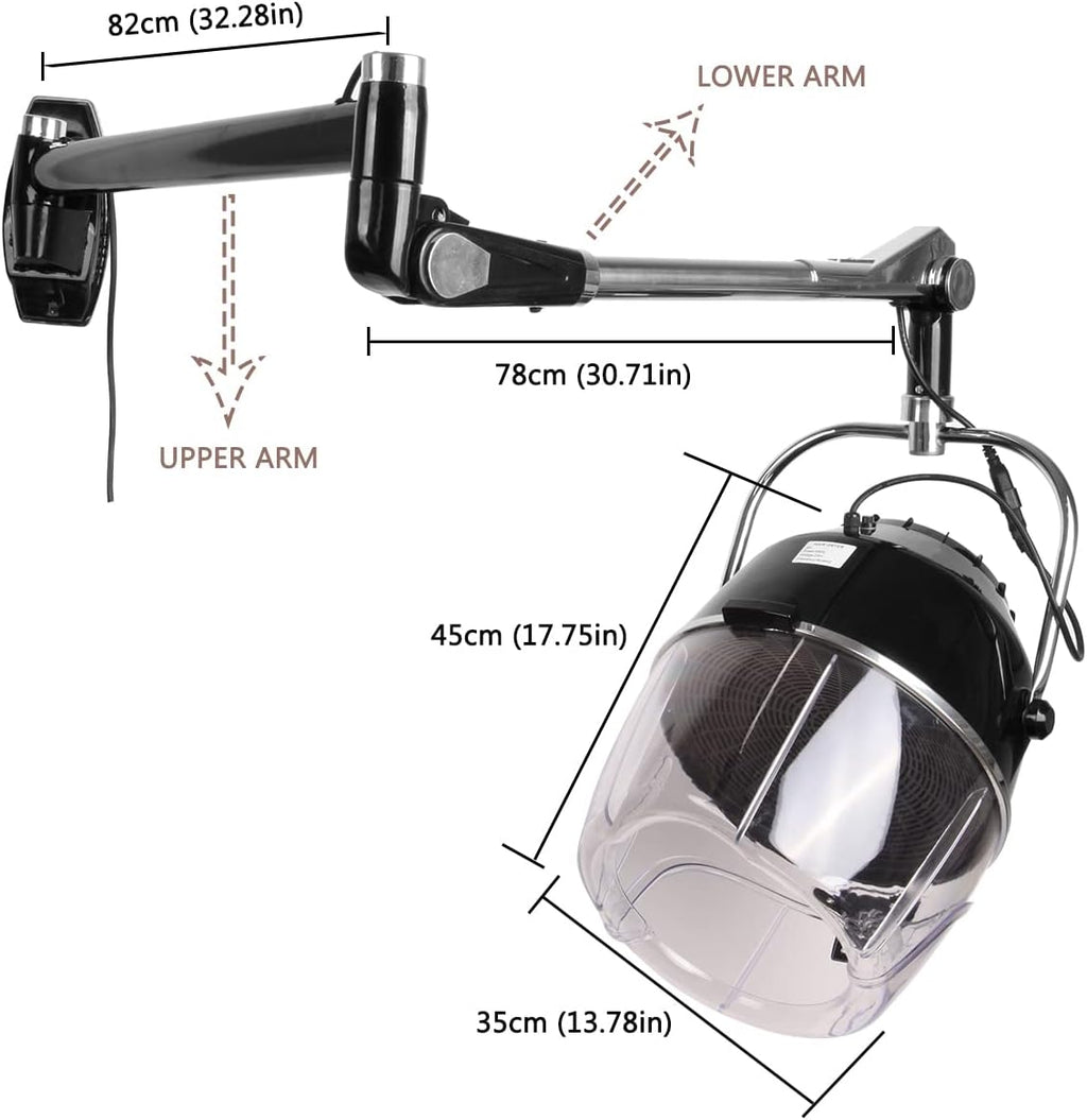 Retractable 900W Wall Mounted Hair Hood Dryer with Swivel Arm and Timer W7850