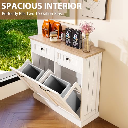 Double Tilt Out Trash Cabinet for Kitchen, Space-Saving with Pull-Out Drawers, Fits 2x10 Gallon Bins, White D4570