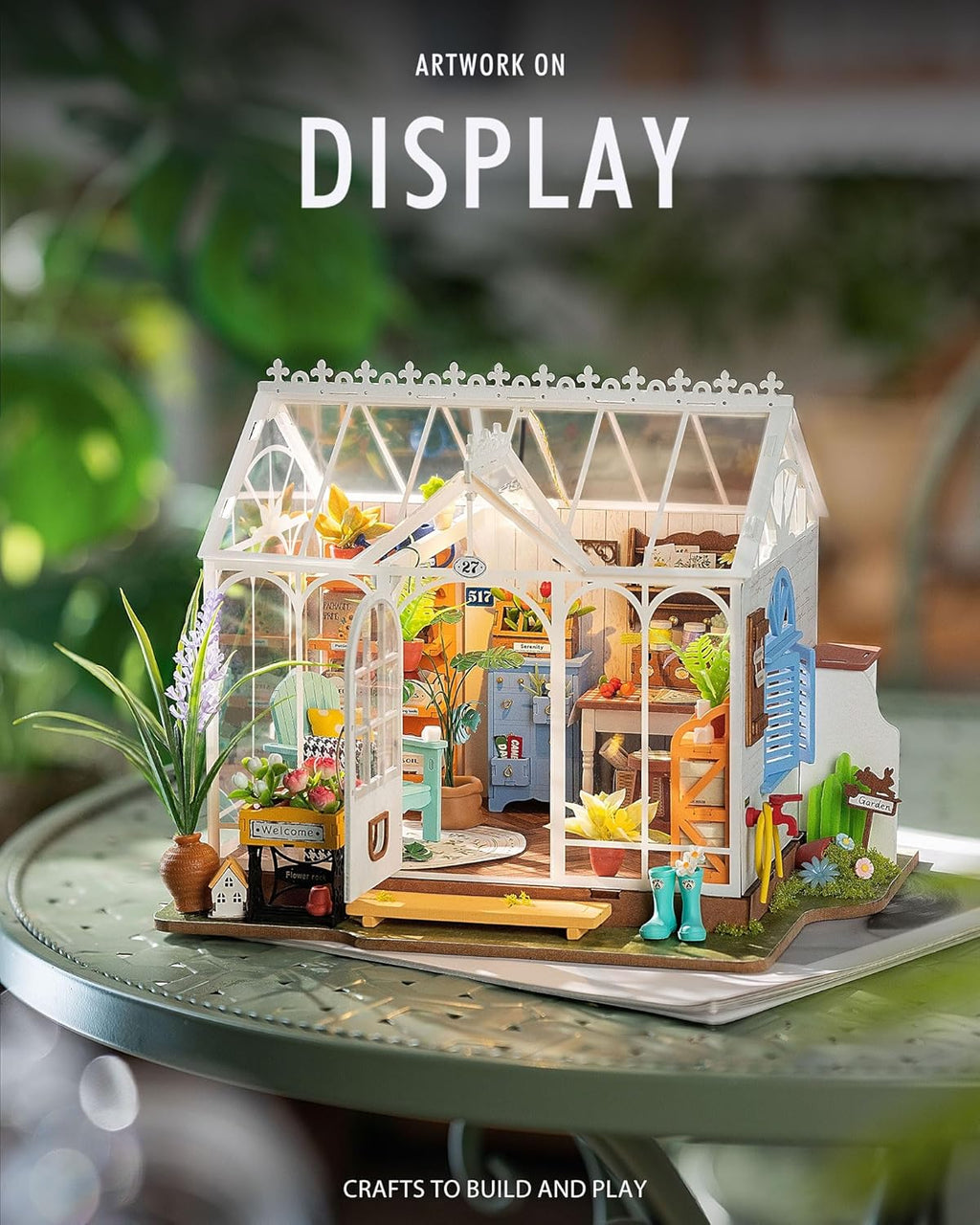 DIY Miniature Dollhouse Kit, Greenhouse Diorama Building Set with LED, Hobby Craft for Adults and Teens D33768