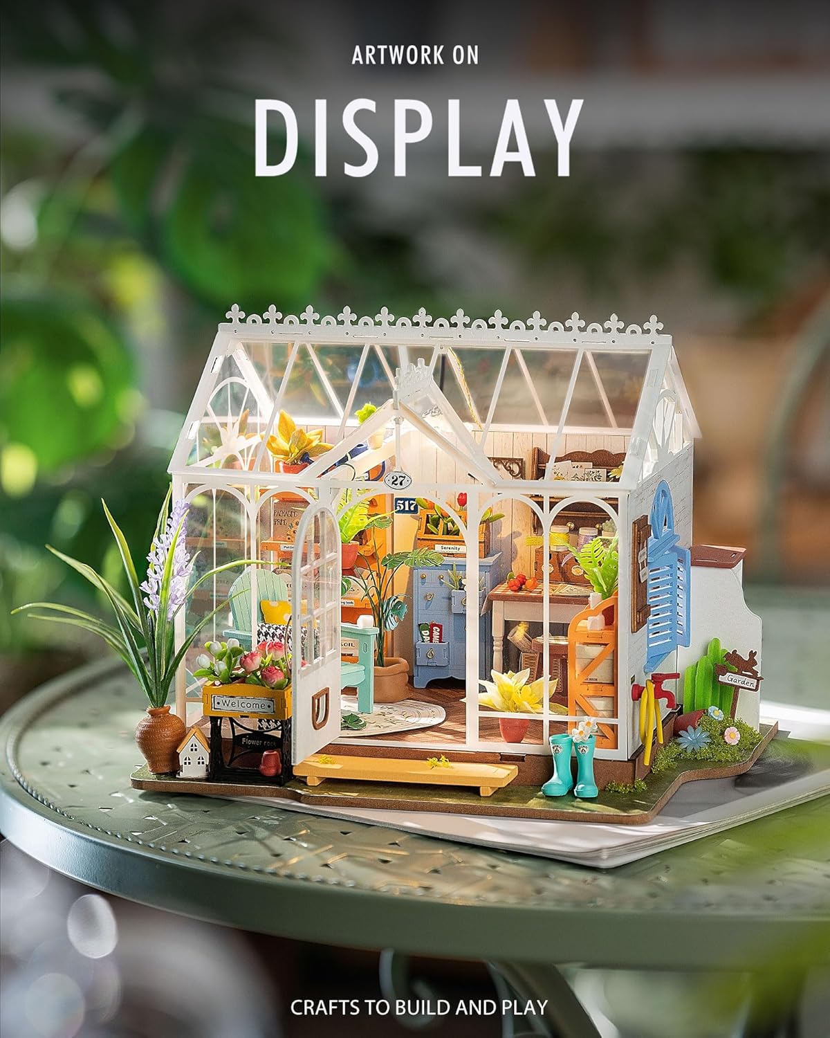 DIY Miniature Dollhouse Kit, Greenhouse Diorama Building Set with LED, Hobby Craft for Adults and Teens D33768