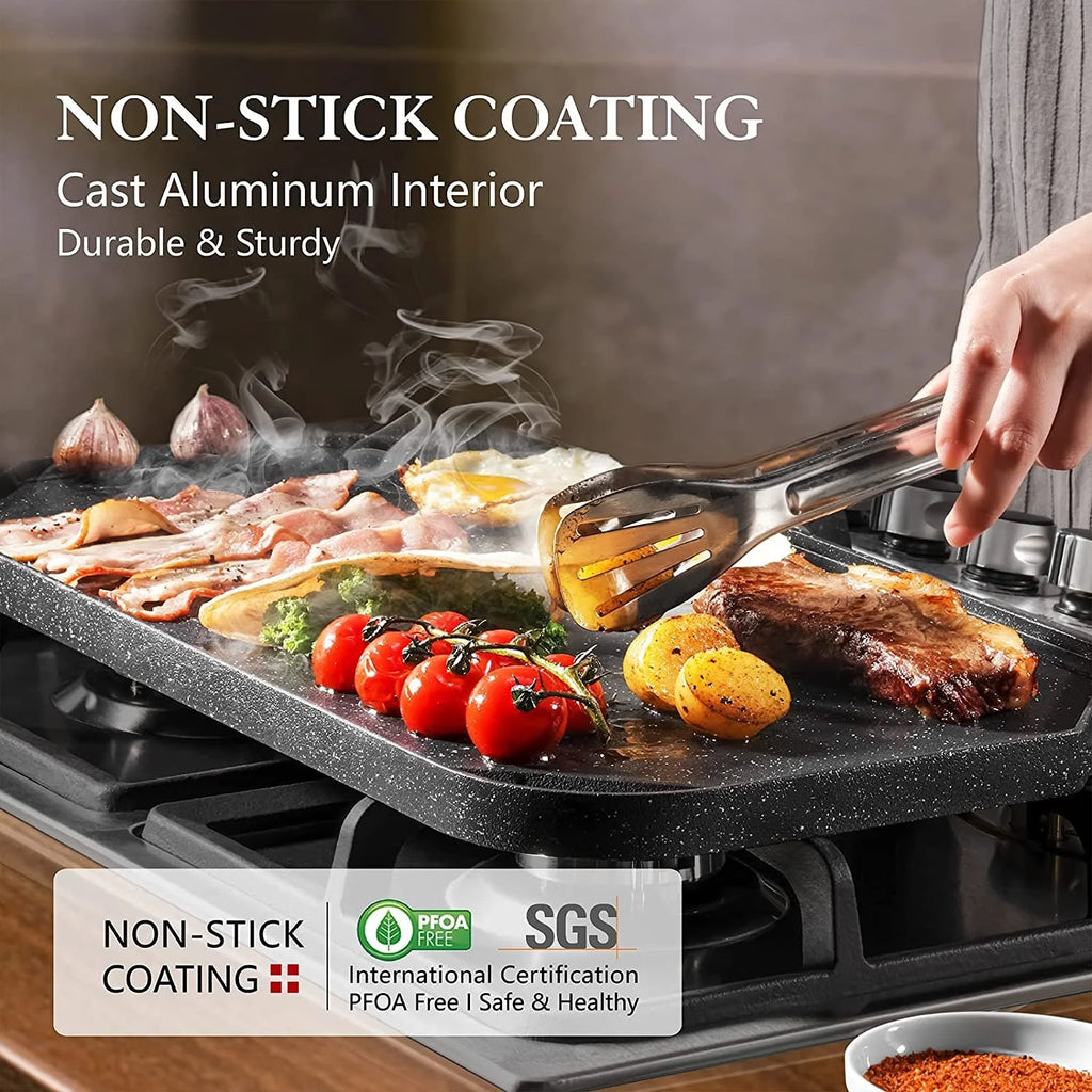 Nonstick Reversible Grill & Griddle Pan, Two Burner Cast Aluminum, Indoor Stovetop or Outdoor Camping, 19.5" x 10.7" B9380