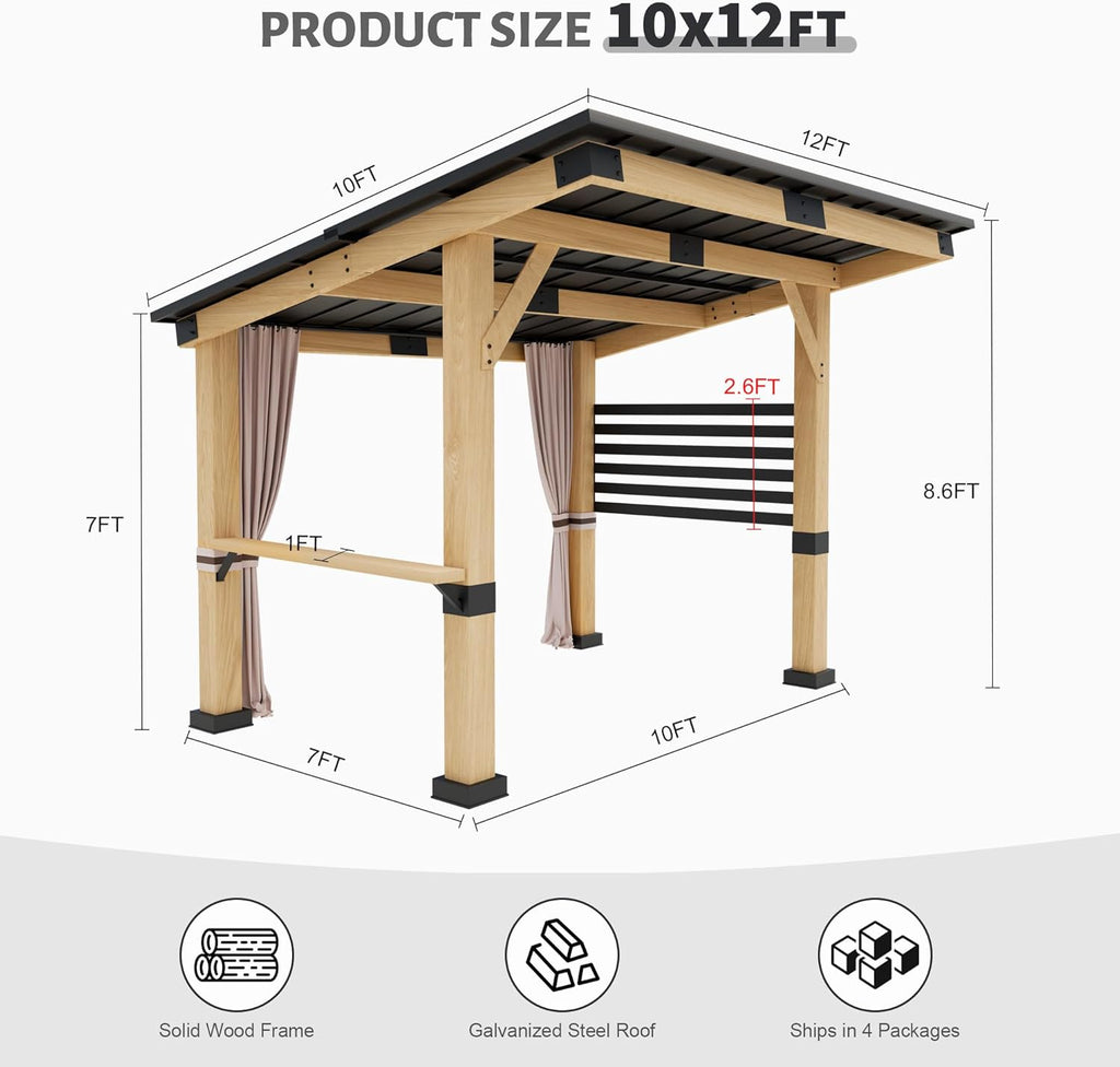 Wood Gazebo 10 x 12 ft with Metal Roof and Curtains W89770