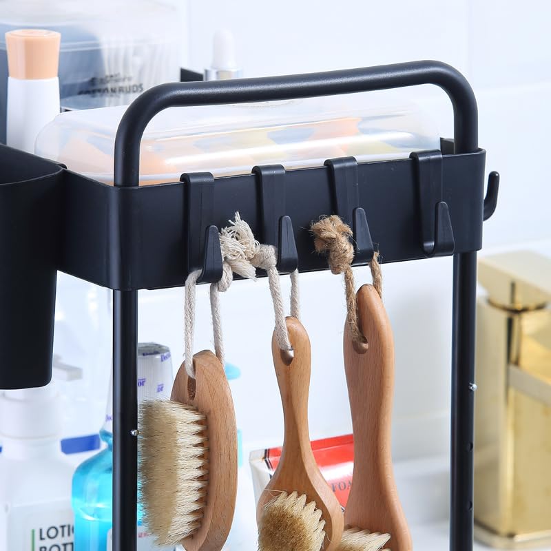 2 Pack Double-Layer Under Sink Organizer with Sliding Shelf, 4 Hooks and Cup Slot A50842